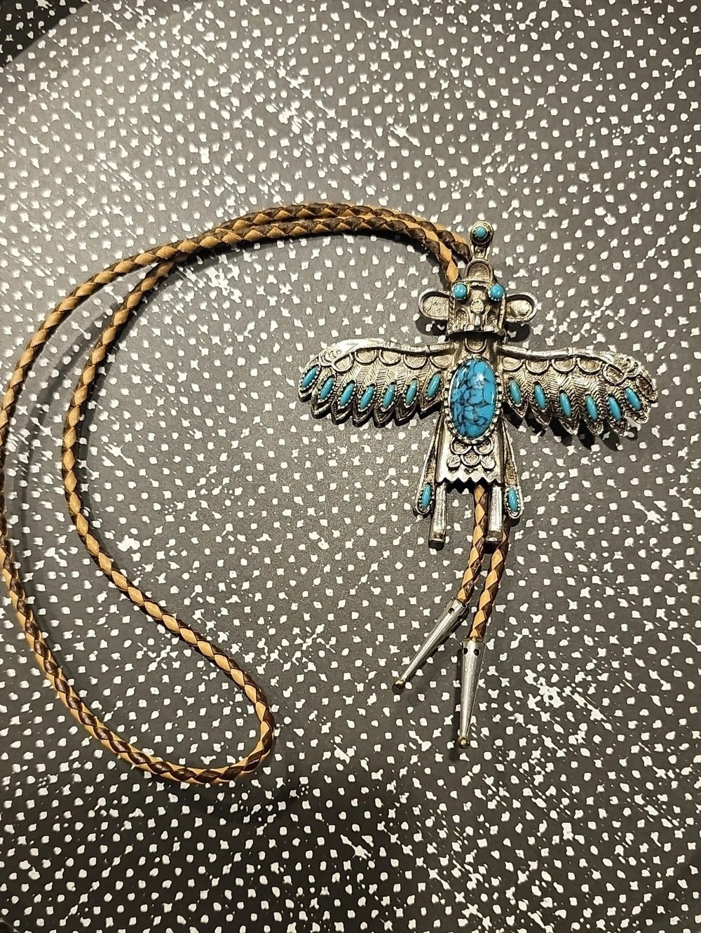 Vintage 70s Western Thunderbird Bolo Tie Faux Turqupise Braided Leather Cord